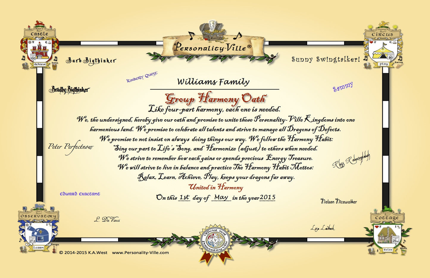 Super Size Coat-of-Arms: Group/Family Harmony Oath for Personality-Ville Kingdoms 2' x 3'