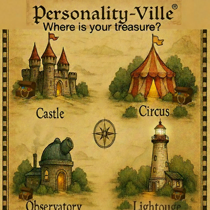 Map of Personality-Ville with Castle, Circus, Observatory and Lighthouse
