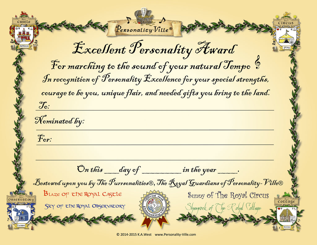 "Excellent Personality" Award Certificate (Fill-in-the-Blank) 8" x 10"