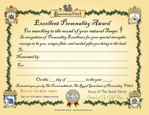 Award Certificate "Excellent Personality" (Fill-in-the-Blank) 8" x 10"