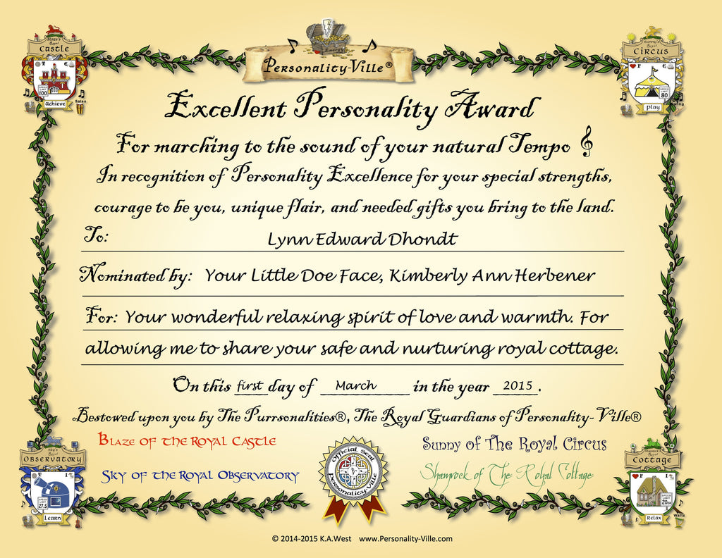 Award Certificate "Excellent Personality" Personalized  8" x 10"